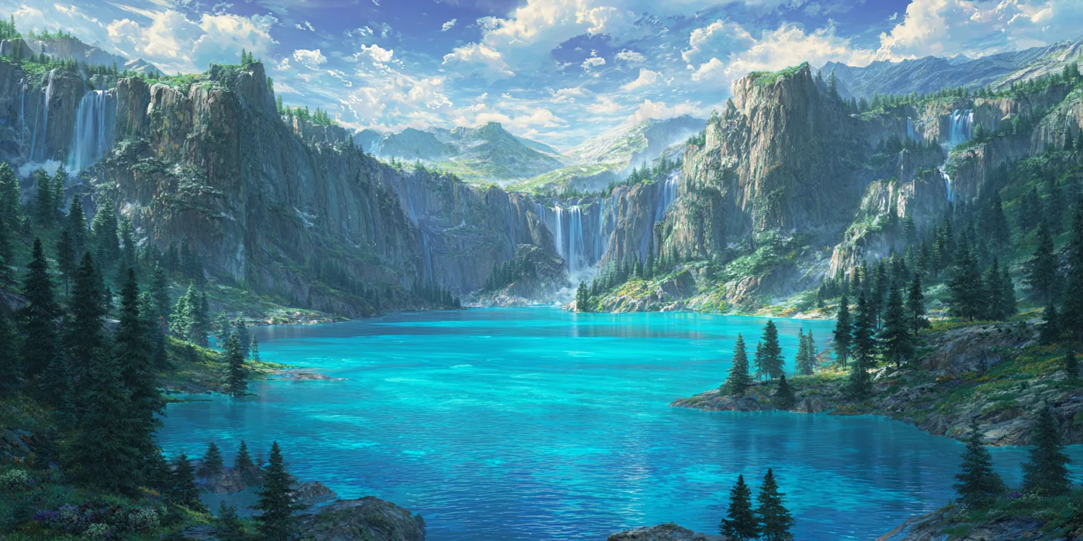 A turquoise mountain lake ringed by cliffs, waterfalls, and pine forest