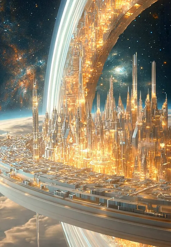 A glowing megacity suspended on a luminous ring in space