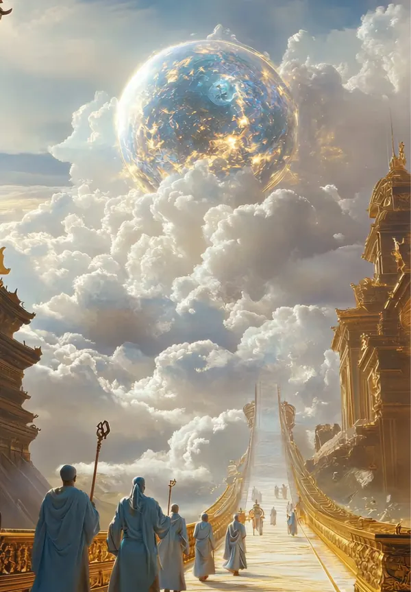 Guardians with staffs beneath a glowing planet in the clouds
