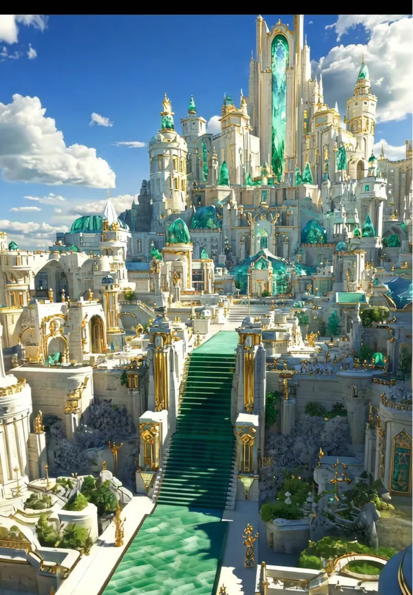 A white marble city with emerald gemstone spires and golden trim