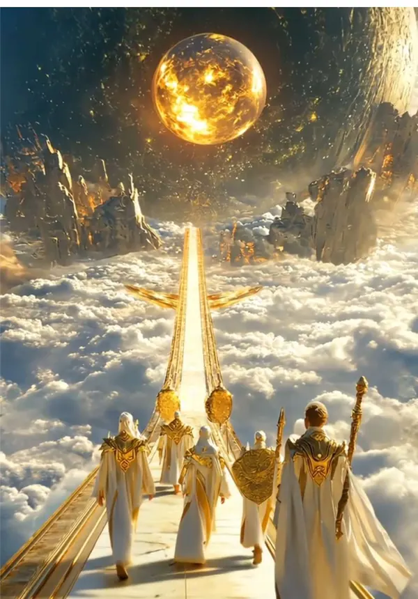 Robed guardians in golden light walking toward a radiant sky