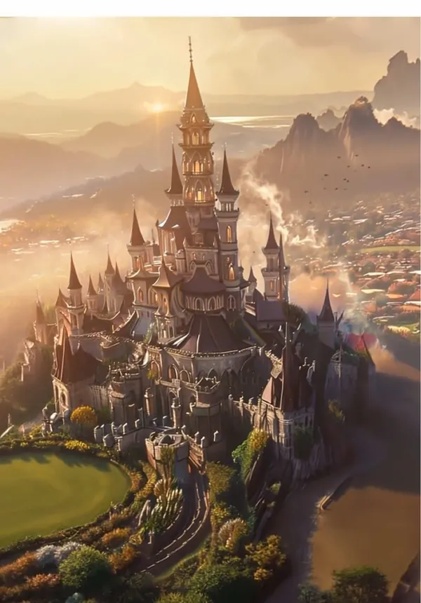 A grand castle with tall spires above a valley in golden evening light