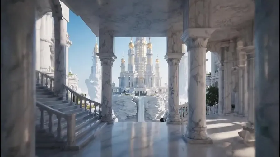 A marble hall opening onto a white city with golden spires