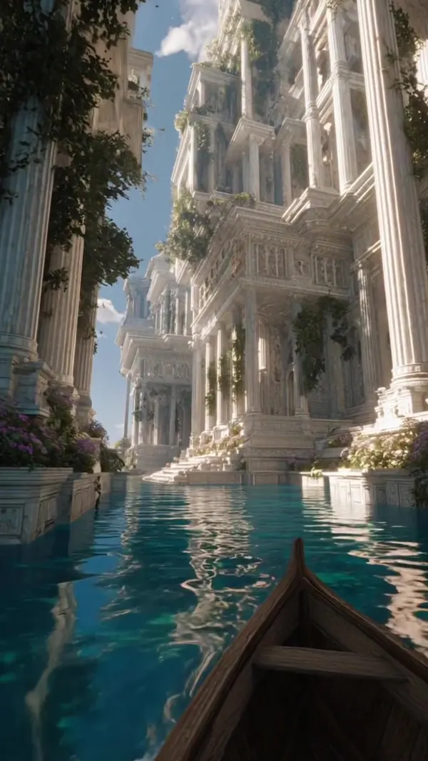 A canoe drifting down a turquoise waterway between marble towers
