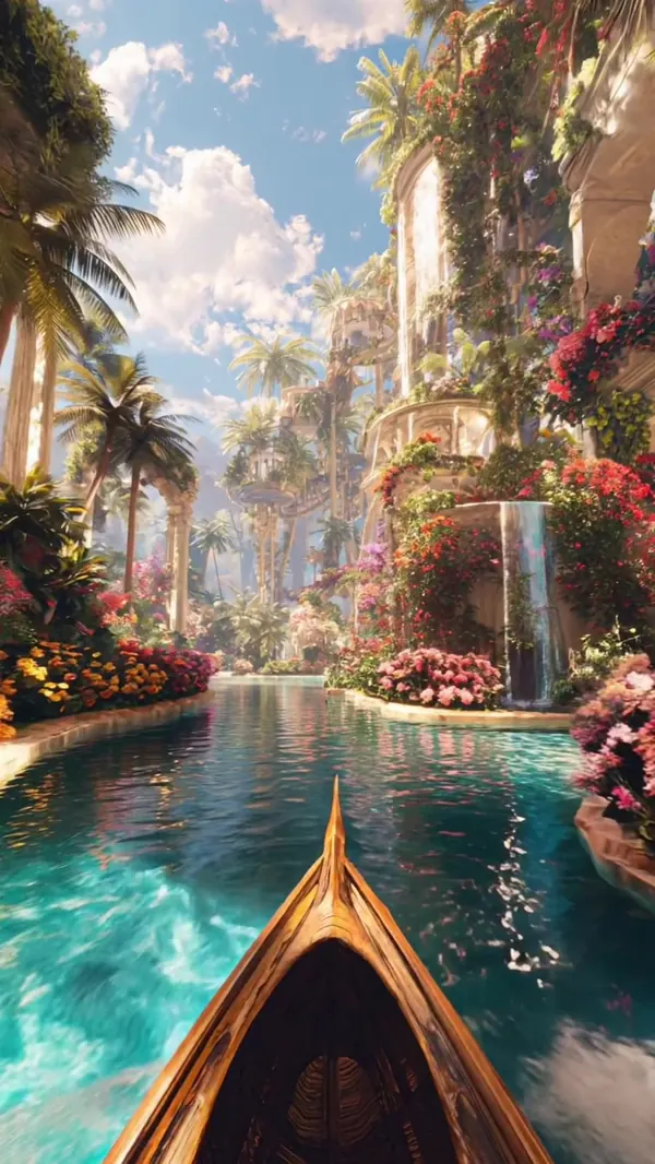 A boat drifting through a marble canal lined with palms and flowers