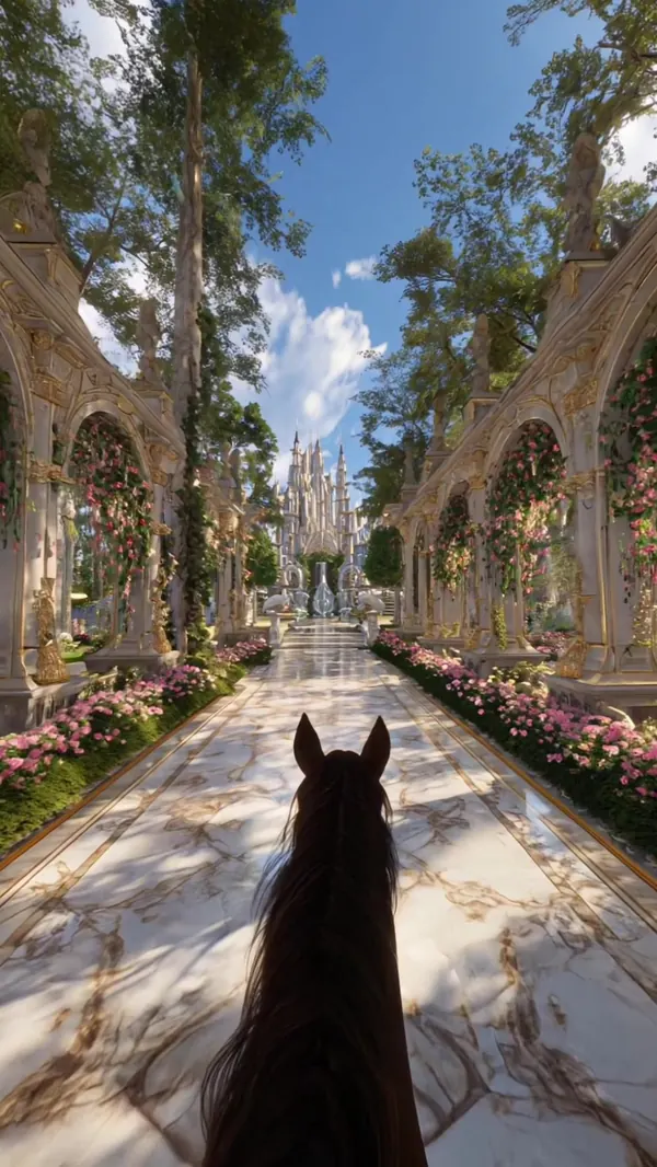 POV horseback ride down a marble pathway lined with flowers