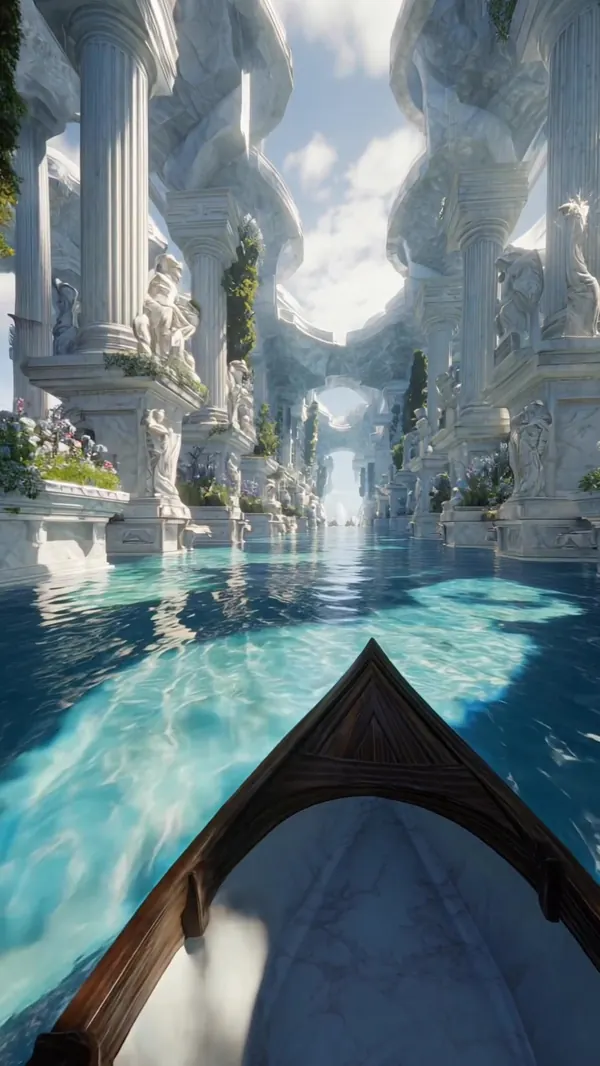 A canoe gliding through a sunlit marble city