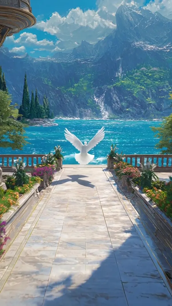 A winged figure rising over a blue lake framed by mountains