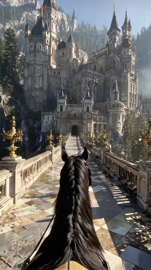 Horseback ride across a marble bridge toward a mountain castle